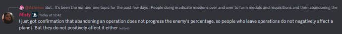 Screenshot of a comment about the abandoned action in the Helldivers 2 Discord server.